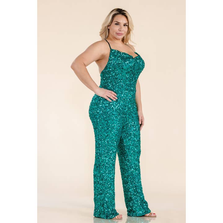 Curve Market - Wholesale Jumpsuit - Women's - PLUS SIZE SEQUIN COWL NECK CRISS CROSS BACK STRAGHT LEG JUMP1