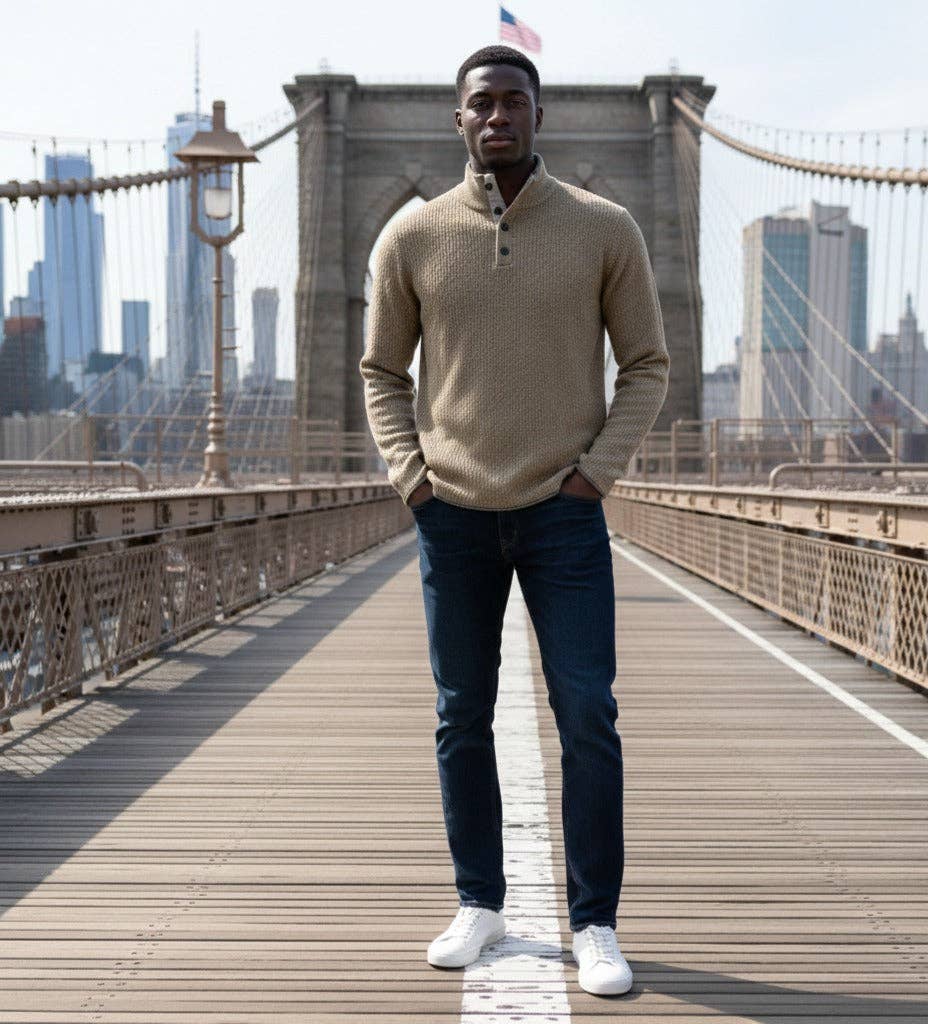 Hommard - Wholesale Knit Sweater - Men's - Camel Cashmere Sweater Button Neck Andromeda in Carbon Stitch5