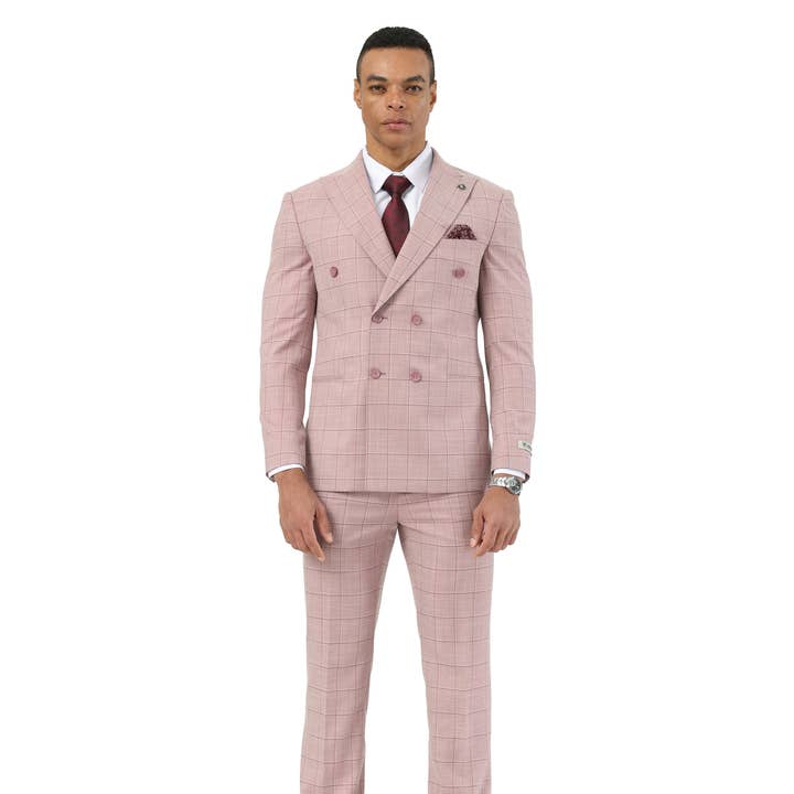 Stacy Adams Double Breasted Windowpane Suit Set, Pink for wholesale by Suits America
