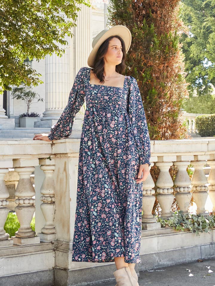 Long Sleeve Pleated Side Slit Floral Maxi Dress with Pockets for wholesale by Elloh Collection