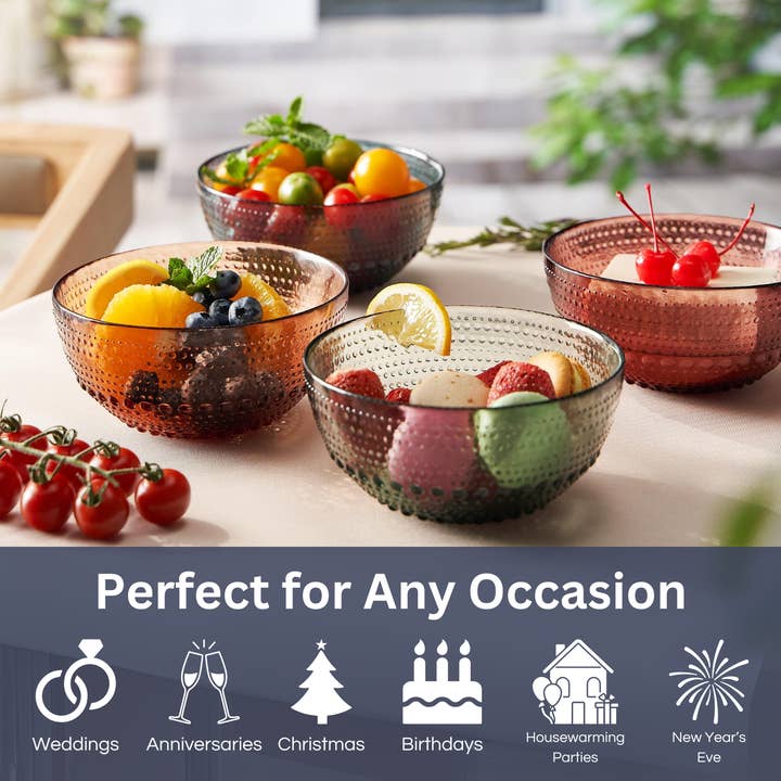 The Wine Savant / Khen Glassware - Wholesale Bowl - Glass Hobnail Colored Bowl | Set of 4 | Muted Colors 5.7"