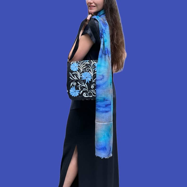 Rayz Intl - Wholesale Messenger Bag - Women's - Handmade Black and Blue Suede Embroidered Messenger Bag