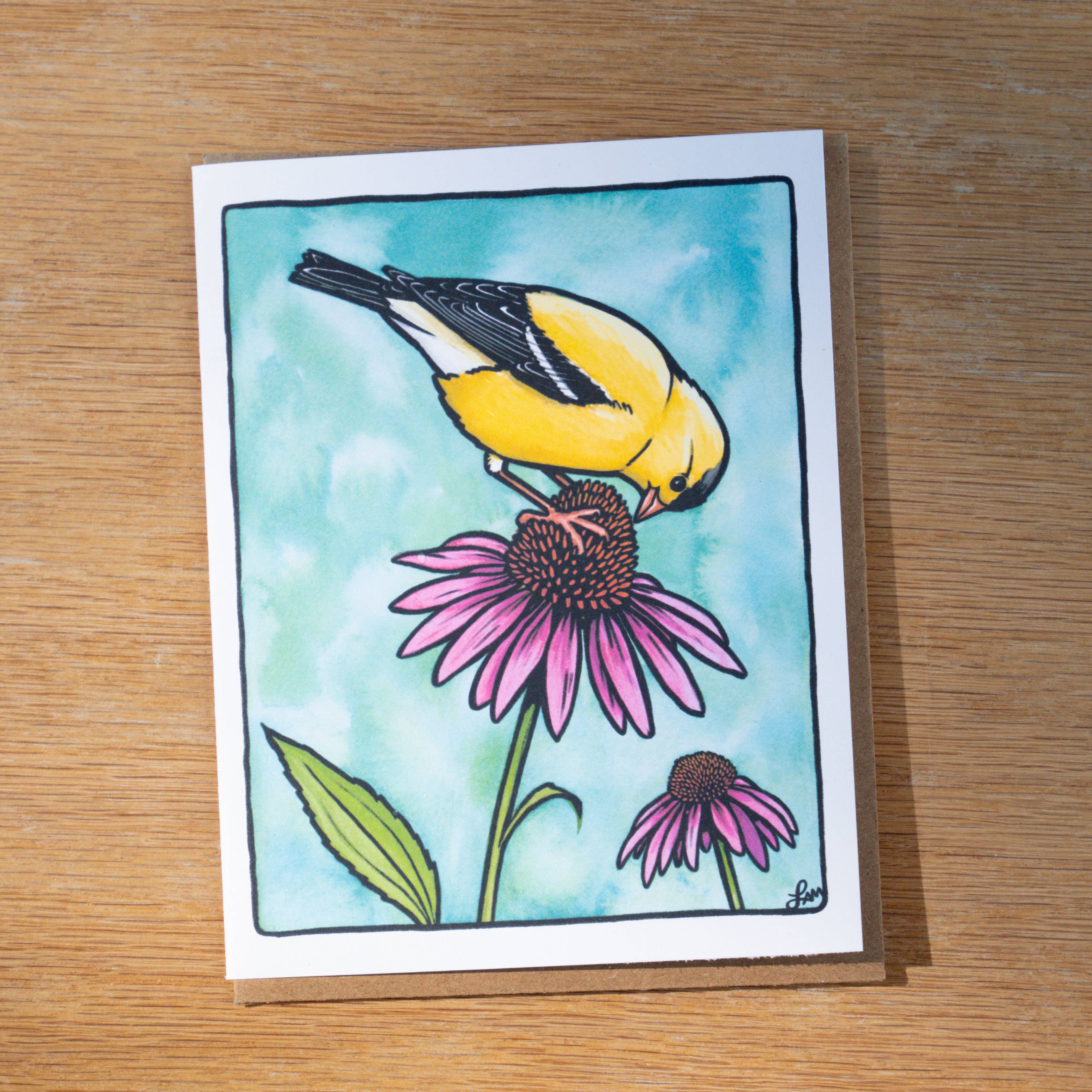 Laurel Mundy Illustration - Wholesale Everyday Greeting Card - Goldfinch on Coneflower Greeting Card 100% Recycled Paper3
