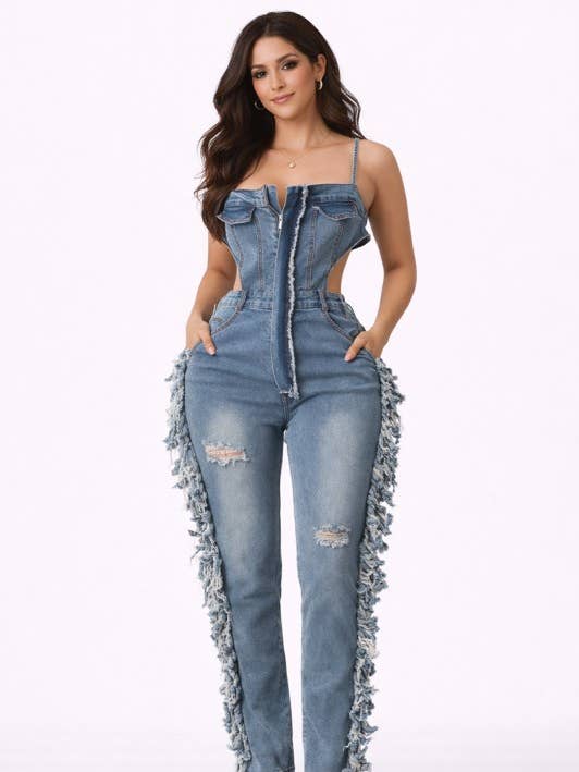 Sliten denimjumpsuit med fransdetaljer - FD048 för wholesale av House of E ATL LLC