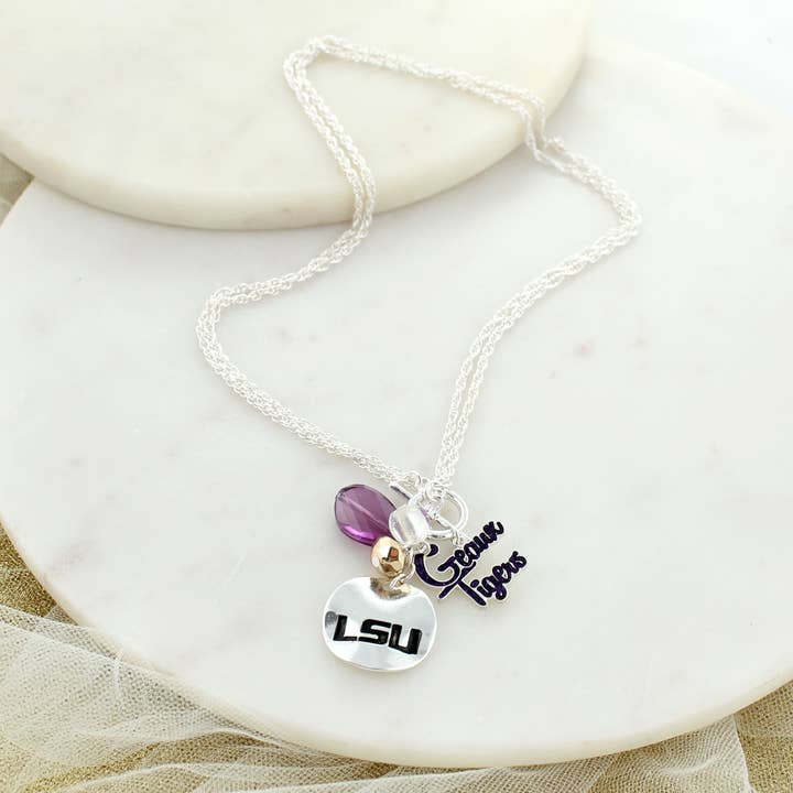 18 - 36” LSU Logo Disc & Slogan Cluster Convertible Necklace for wholesale by Seasons Jewelry