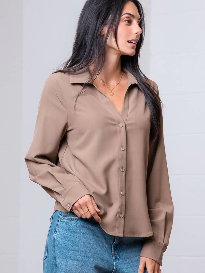 Taelynn - Wholesale Button Down Shirt - Women's - ST88298T-LONG SLEEVE BUTTON DOWN V-NECK SOLID SHIRT9