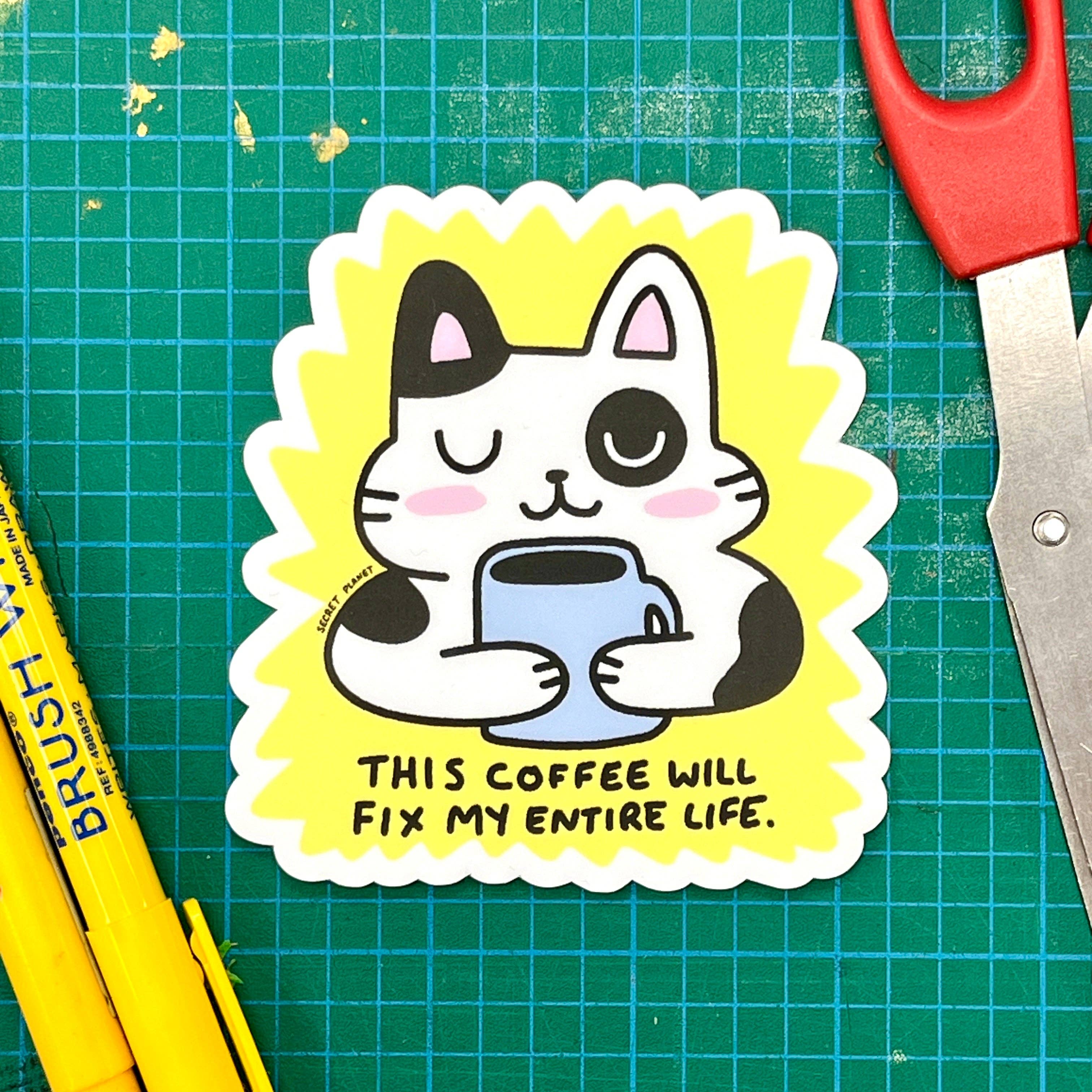 Secret Planet - Wholesale Sticker - This Coffee Will Fix My Entire Life Cat Vinyl Sticker1