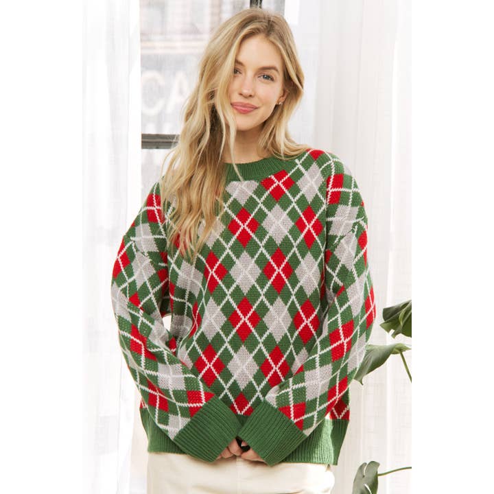 Sweet Generis - Wholesale Knit Sweater - Women's - HOLIDAY ARGYLE PATTERN DROP SHOULDER PULLOVER SWEATER14
