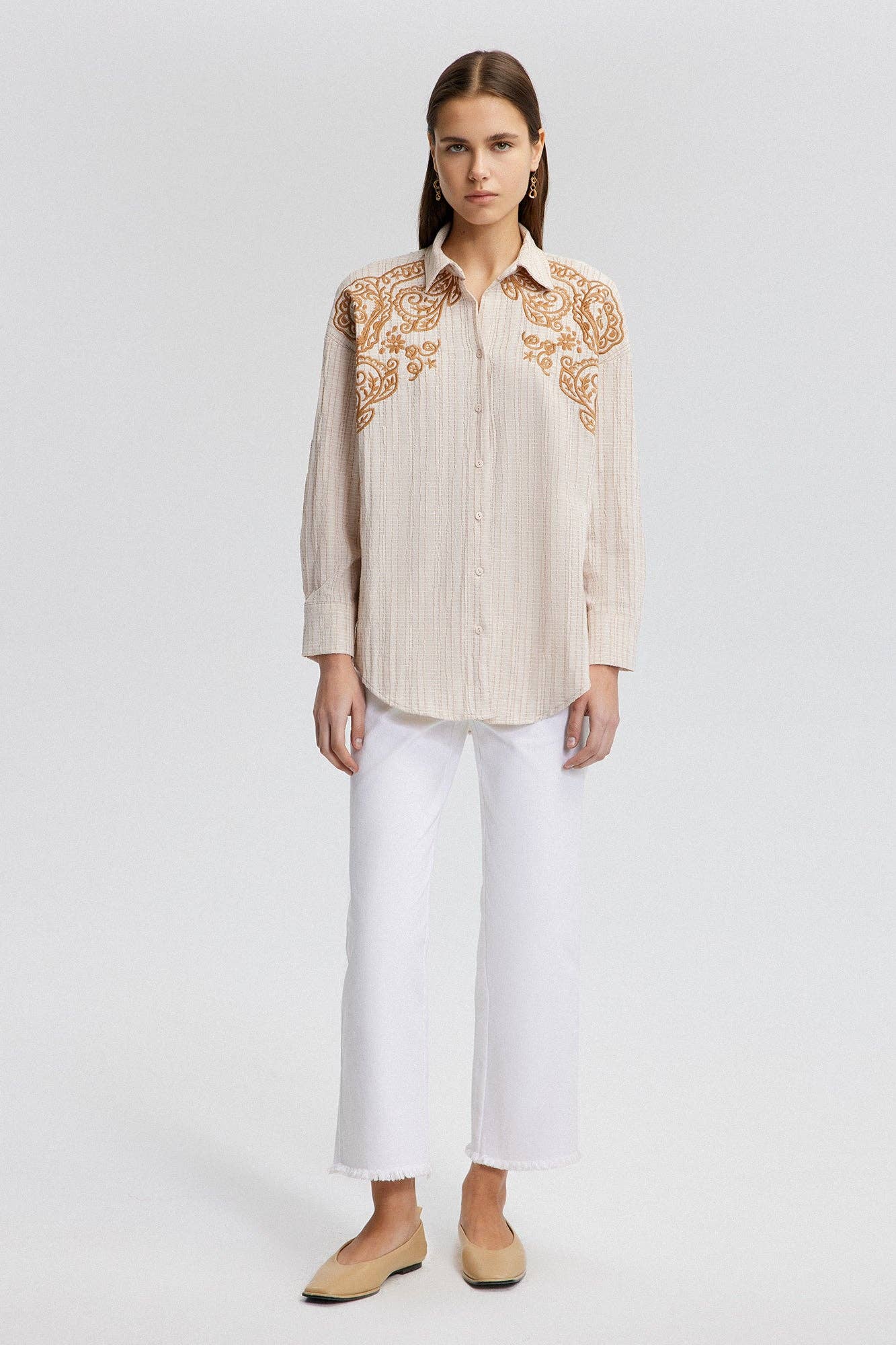Beige NATURAL TEXTURED EMBROIDERED SHIRT for wholesale on Faire0