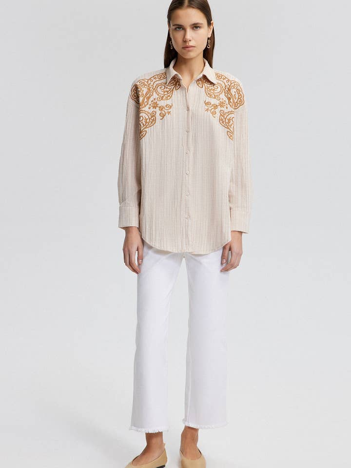 Beige NATURAL TEXTURED EMBROIDERED SHIRT for wholesale on Faire