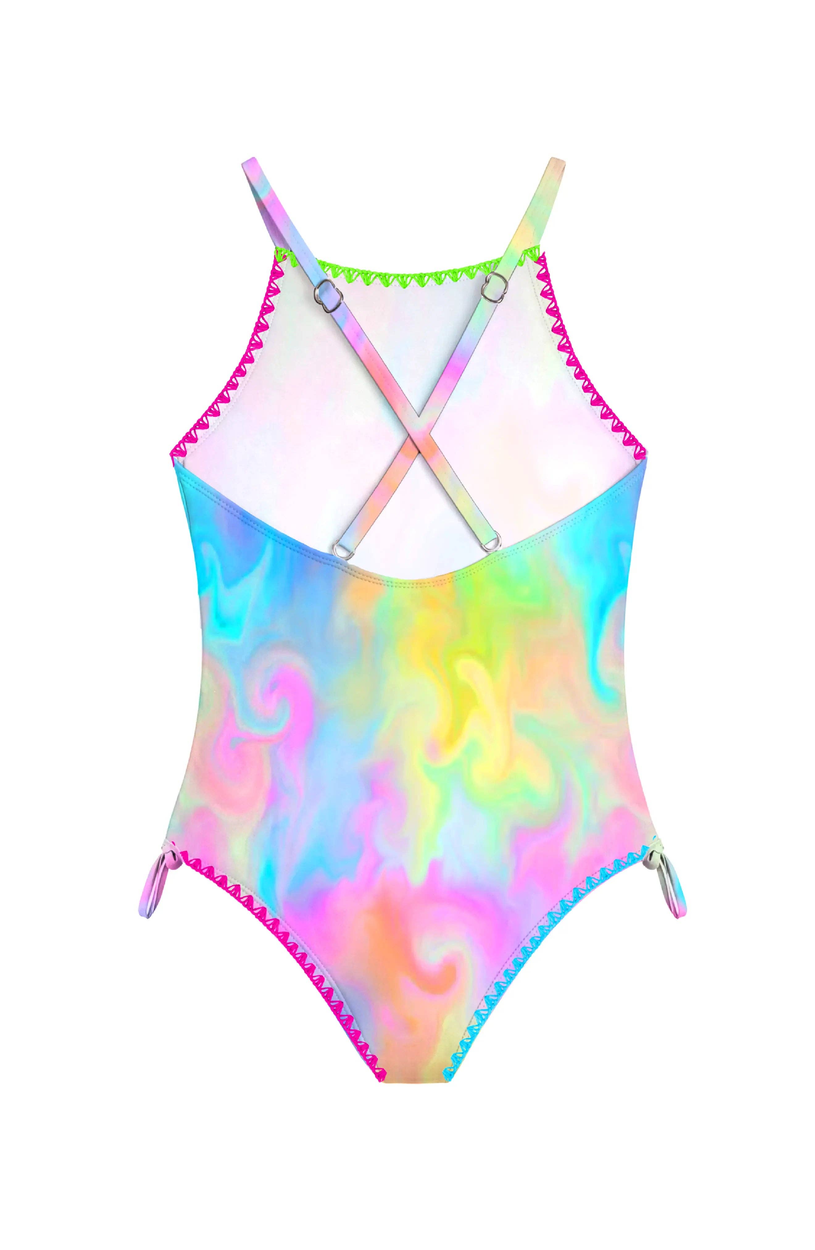 Limeapple - Wholesale One Piece Swimsuit - Kids - Azura Marble Printed One Piece Swimsuit with Embroidered Trim1