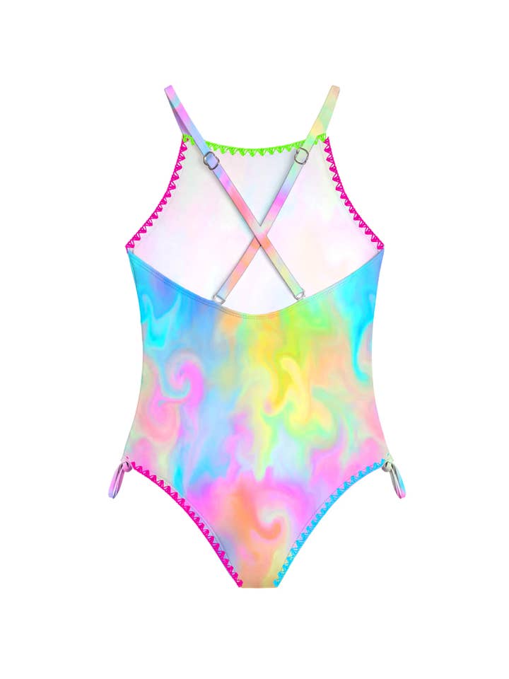 Limeapple - Wholesale One Piece Swimsuit - Kids - Azura Marble Printed One Piece Swimsuit with Embroidered Trim1