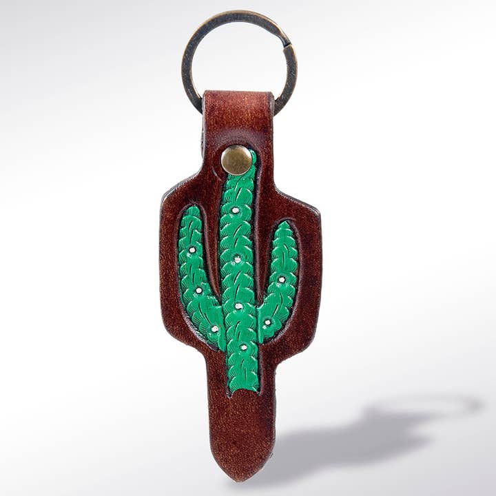 LC-ADKR161 Tooled Leather Green Cactus Keyring Western Saguaro Design for wholesale by LS Western