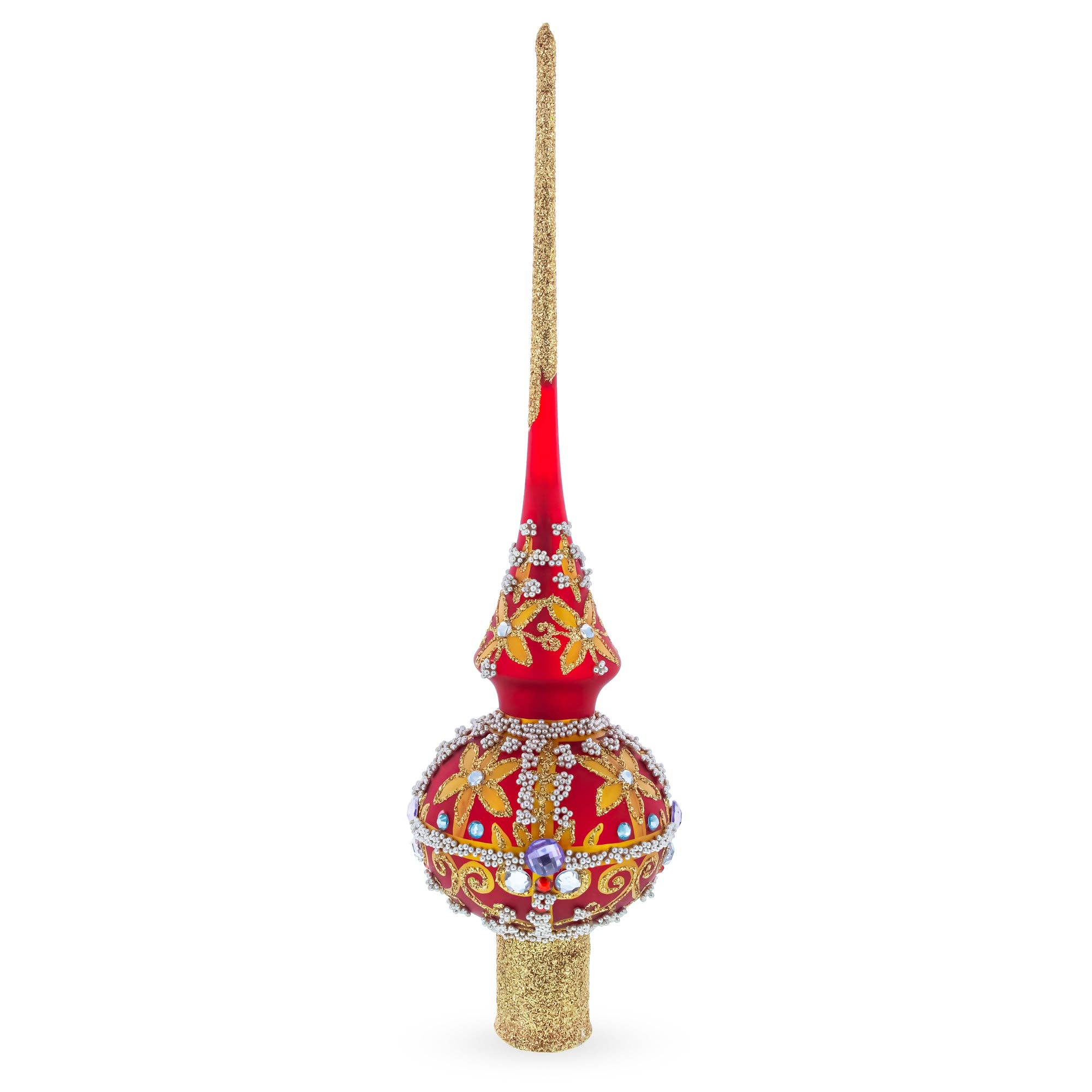 BestPysanky - Wholesale Tree Topper - Baroque Style Red & Gold Jeweled Finial Glass Christmas Tree Topper 11 Inches1