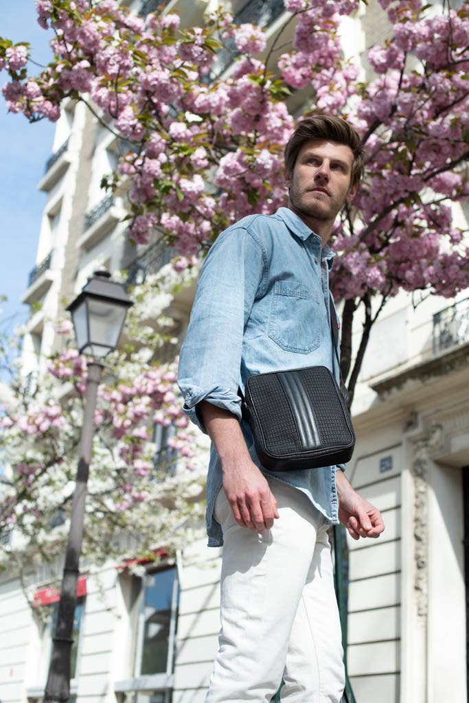 E2R PARIS - Wholesale Shoulder Bag - Men's - Black shoulder bag for men in upcycled fabric2