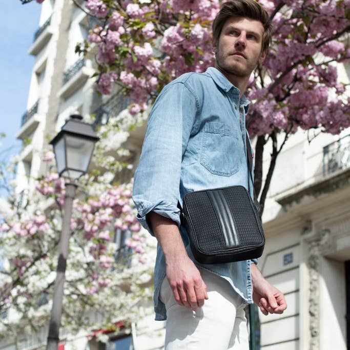 E2R PARIS - Wholesale Shoulder Bag - Men's - Black shoulder bag for men in upcycled fabric2