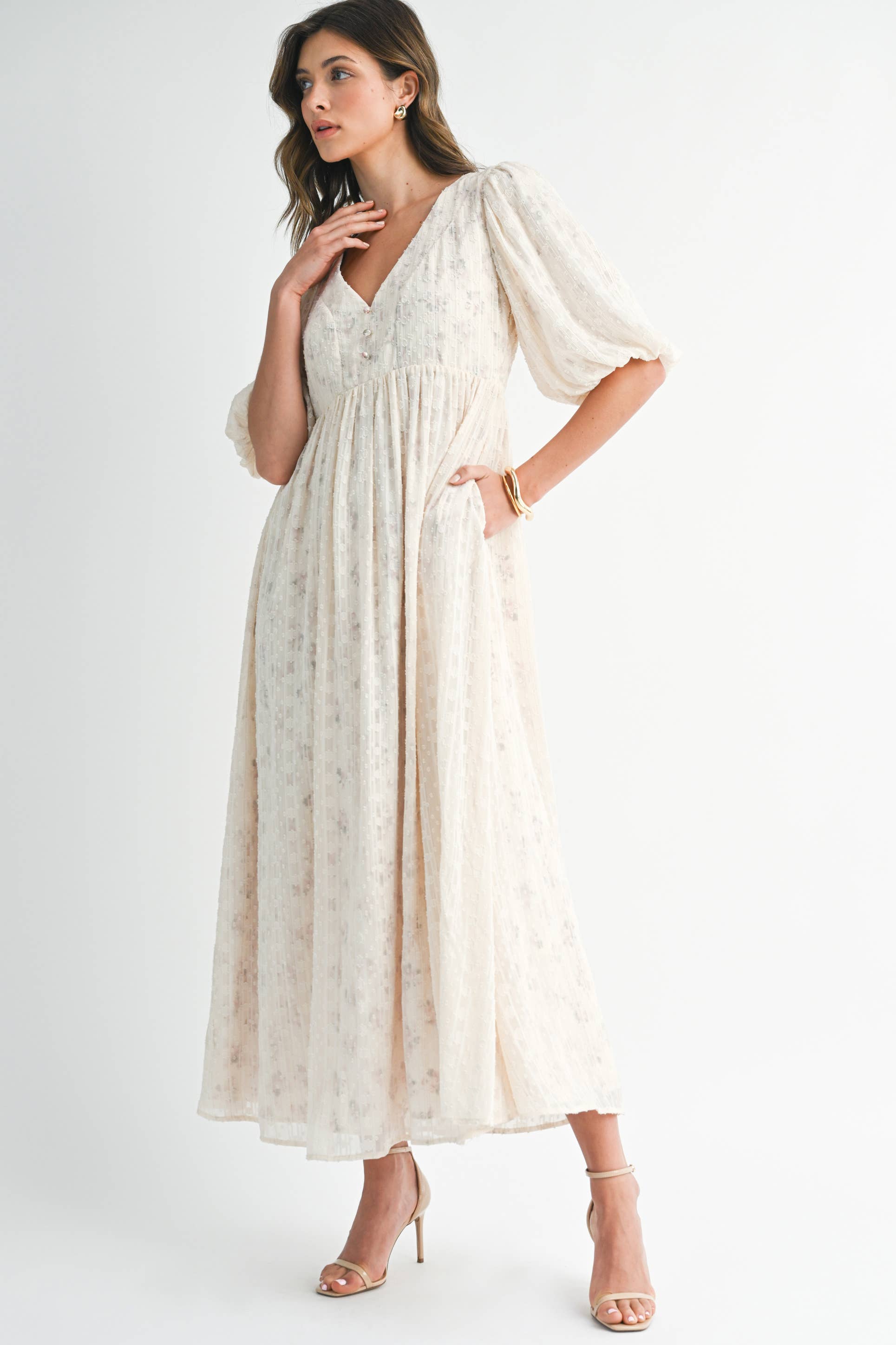 fløde ND0038 Tekstureret Blomstret Empire Maxi Kjole for engroshandel på Faire7