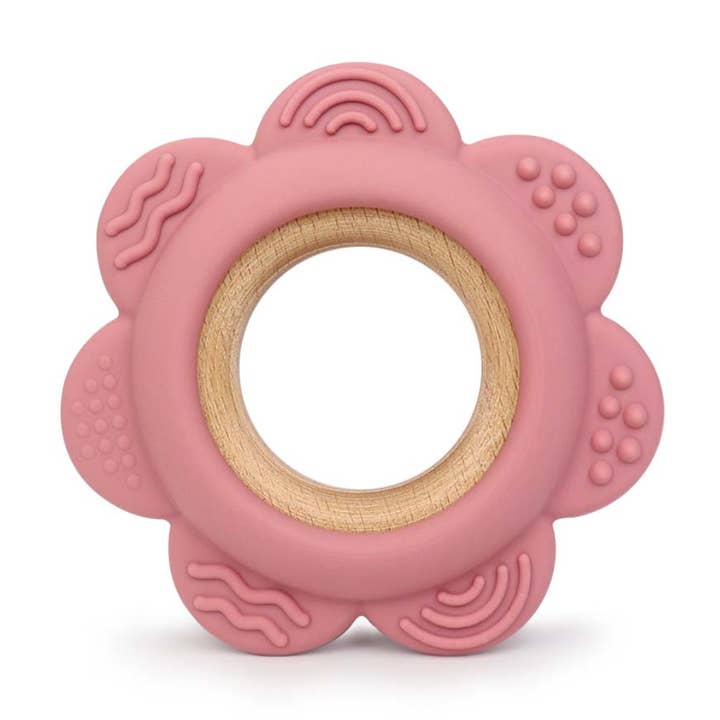 Giften Market - Wholesale Teether (Not Clip-On) - Baby - Pink Flower Silicone & Beechwood Baby Ring Teether - Blush6