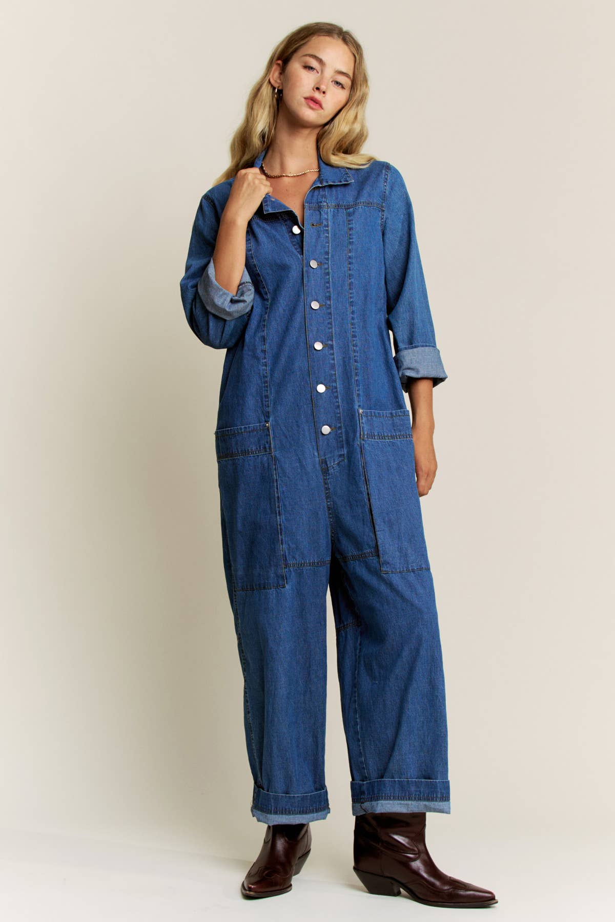 Lara Daisy - Wholesale Jumpsuit - Women's - Collared Neck Button Fly Relaxed Denim Jumpsuit1