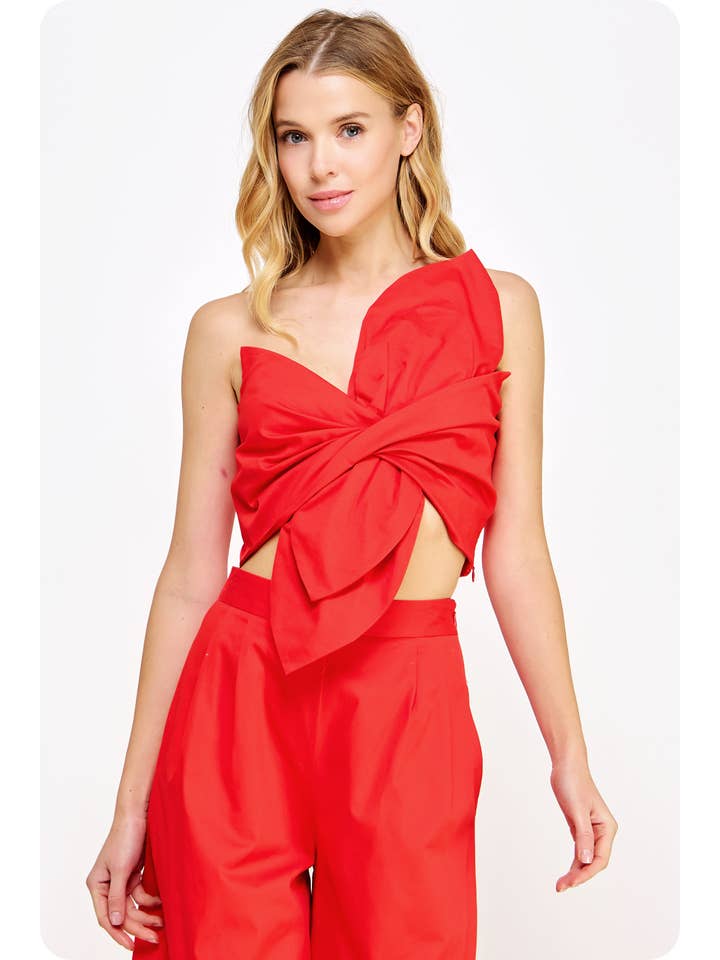 Strut & Bolt - Wholesale Shirt - Women's - One-Shoulder Knotted Flower Bow Crop Top10