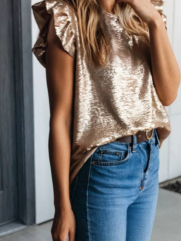 LAS Metallic Round Neck Ruffle Trim Sleeveless Top (S-XL) for wholesale by LA Society