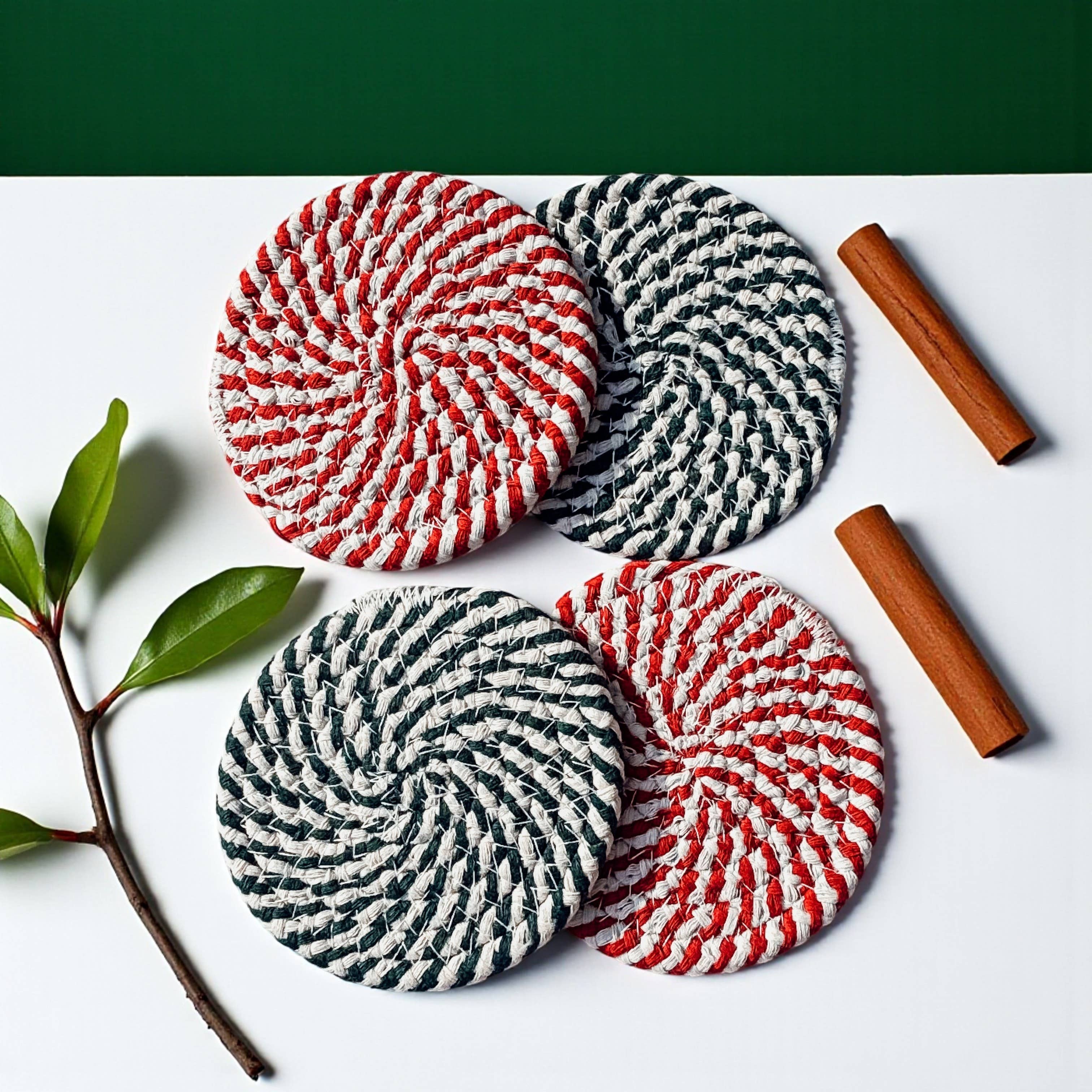 Gia Roma - Wholesale Coasters - Christmas Coasters, Red Candy Cane Braided Cotton Fabric Set50
