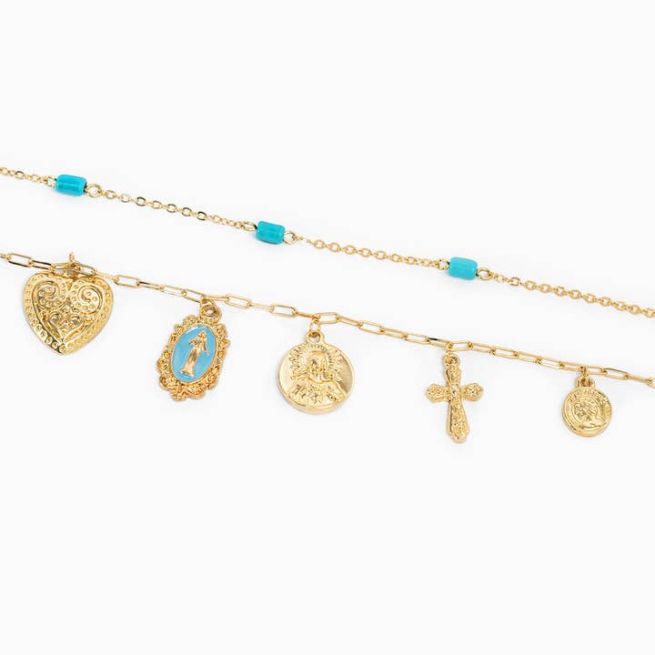 Sessori - Wholesale Pendant/charm necklace - Western Layered Turquoise Heart & Faith Charm Necklace2