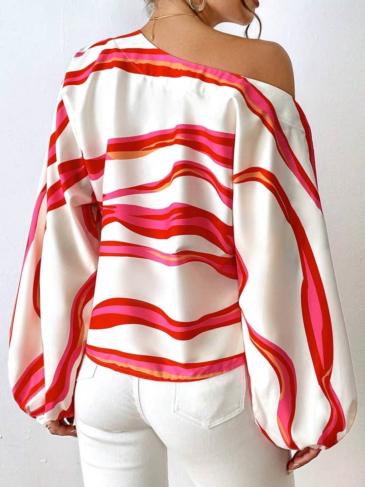 HIDDENBRAND - Wholesale Blouse - Women's - Style off-the-shoulder print loose top with a line neck