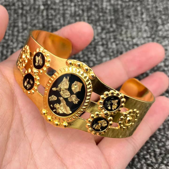 Vintage Resin Gold Foil 18K Golden SS Adjustable Cuff - FGS for wholesale by Mio Queena