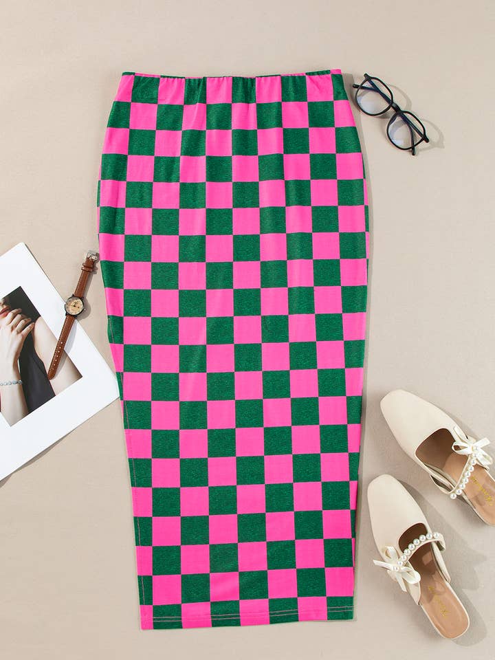 FULL TIME PURCHASE - Wholesale Skirt - Women's - Checkered Print Side Slit High Waist Midi Skirt13