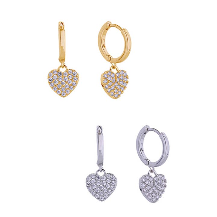14K Gold-Dipped CZ Heart Drop Hoop Huggie Earrings for wholesale by Fashion City