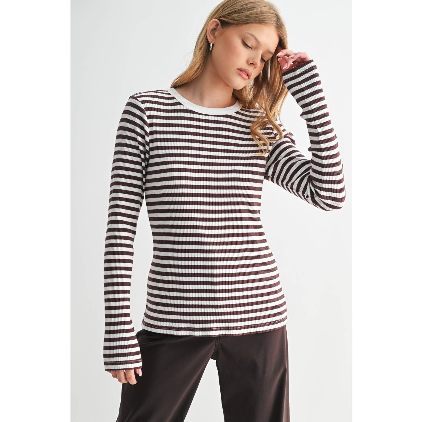 FUN2FUN – Top de malha - Mulher por atacado – TOP DE MALHA DE MANGA COMPRIDA A RISCAS22