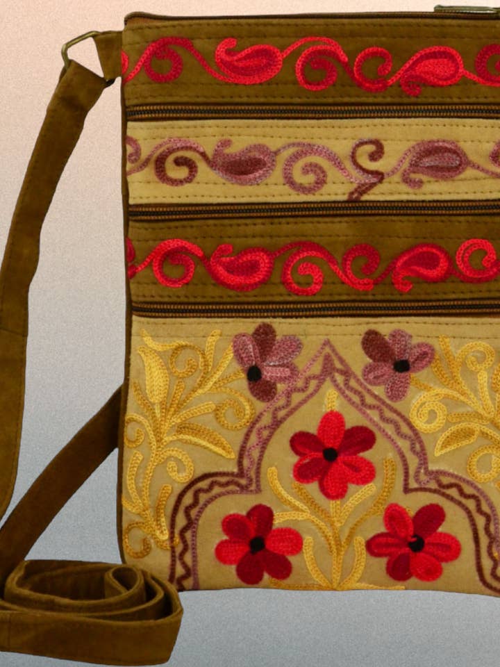 Suede Embroidered Beige and Red Crossbody Bag for wholesale by Rayz Intl