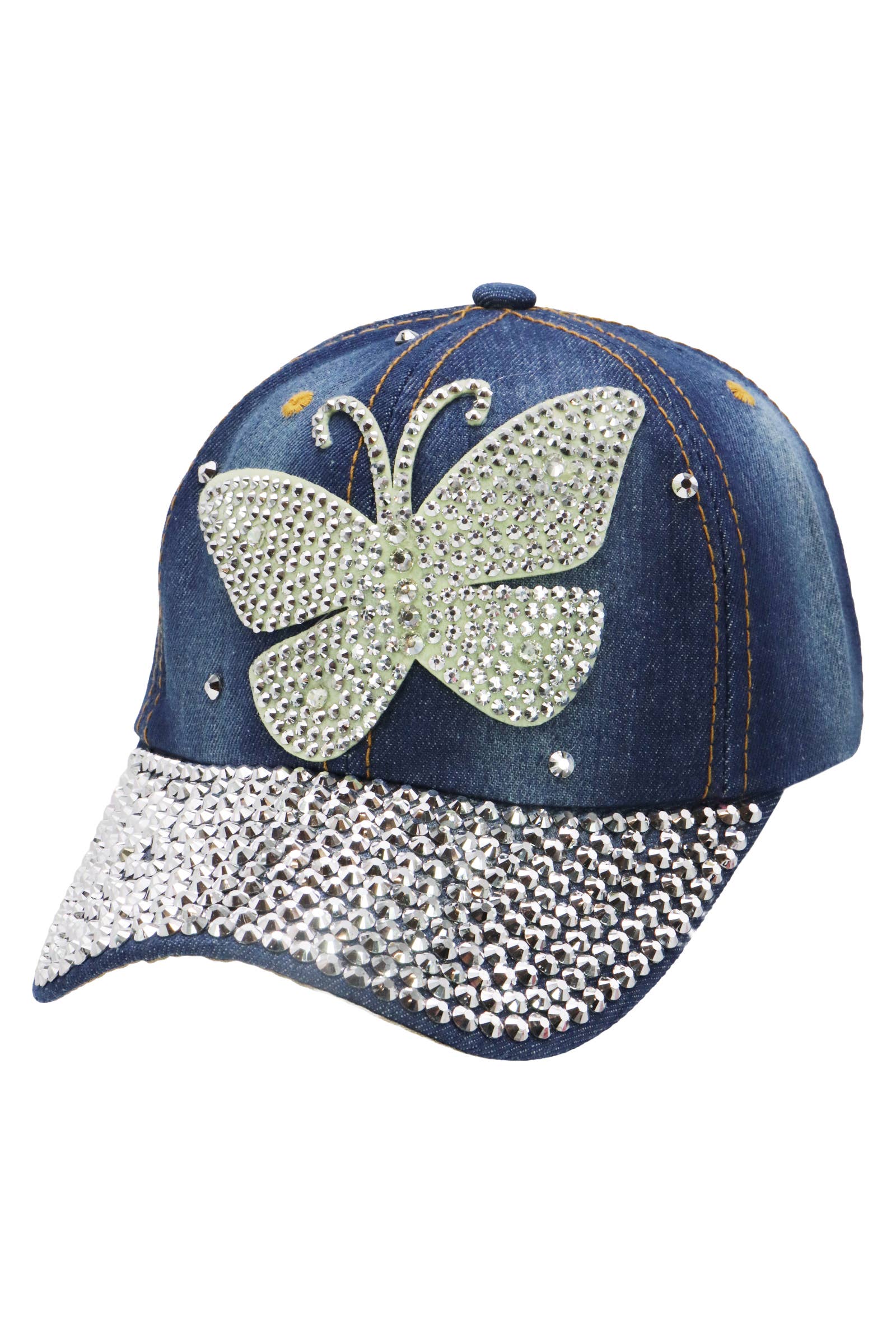 Cap Zone - Wholesale Baseball Cap - Women's - Butterfly Bling Rhinestone Denim Blue Baseball Cap3