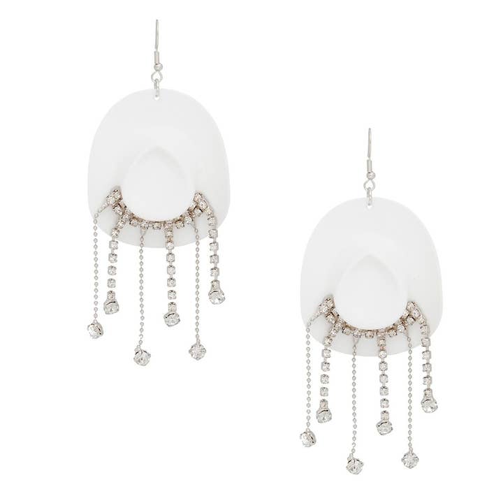 Fish Hook White Cowgirl Hat Fringe Earrings for wholesale on Faire