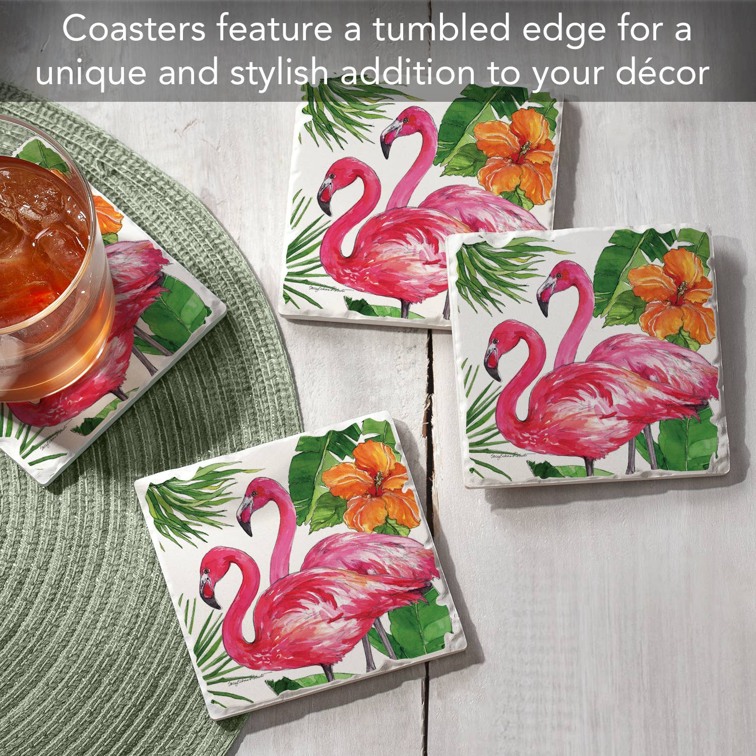 CounterArt/Highland Home/Thirstystone - Wholesale Coasters - Flamingo Tropical Absorbent Tumbled Tile Coaster 4pk2