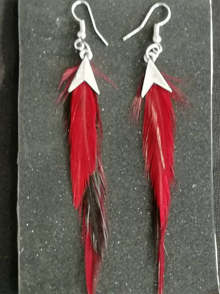 RED AND BLACK FEATHER EARRINGS for wholesale by Artedelph