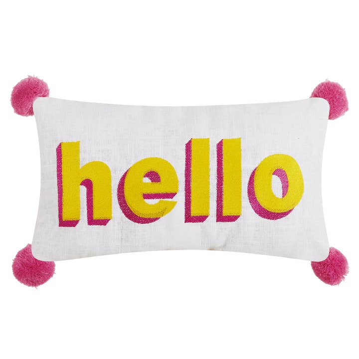 Hello Embroidered Pom Pom Pillow for wholesale by Peking Handicraft