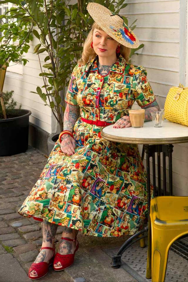 Dolly & Dotty - Wholesale Dress - Women's - Penelope II Yellow Rockabilly Comic Print Shirt Dress3