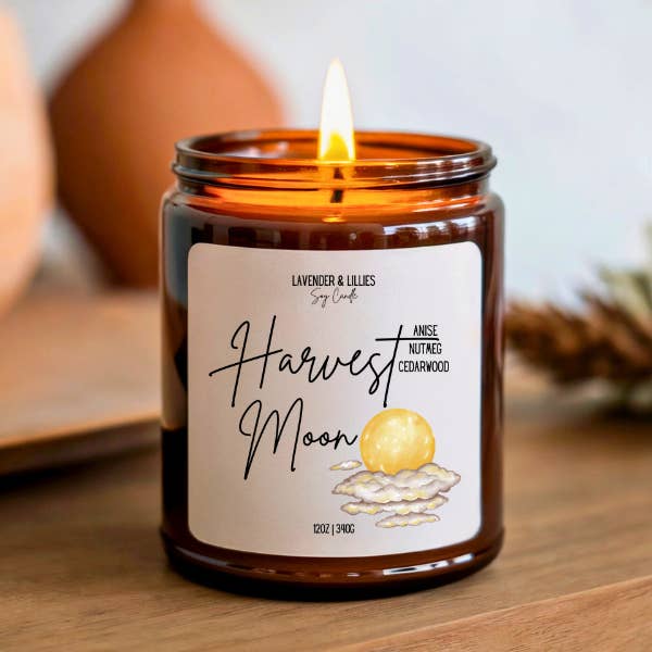 Harvest Moon- Soy Candle- 12oz Amber Glass for wholesale by Lavender & Lillies