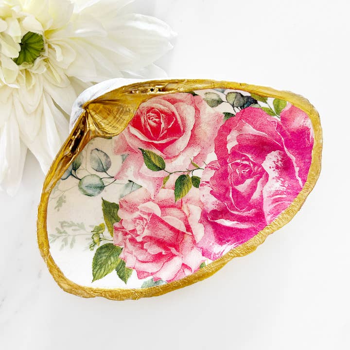 Pink Rose Garden Decoupage Clam Shell for wholesale by Adori Designs