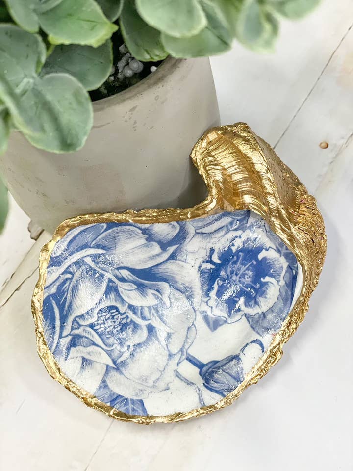 Vintage Blue Flowers Oyster Trinket Dish for wholesale by Alison Brooke Designs