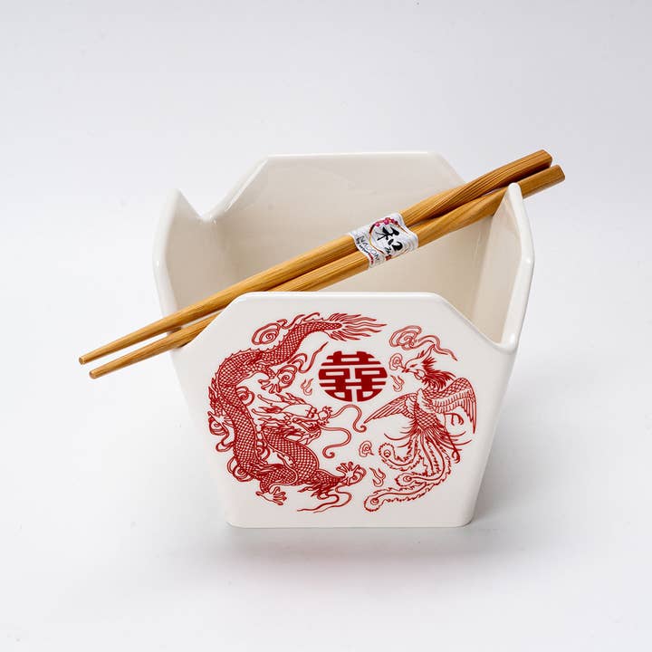 Urban Tokyo - Wholesale Decorative Plate/Dish/Bowl - 16oz 5"W x 4"H Takeout Box Serving Bowl With Chopsticks Phoenix (1/16)