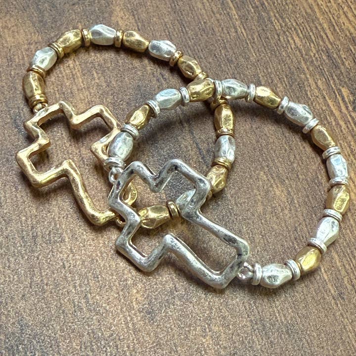 Gold or Silver Hammered Cross Mixed Metal Stretch Bracelet for wholesale by Paco Designs