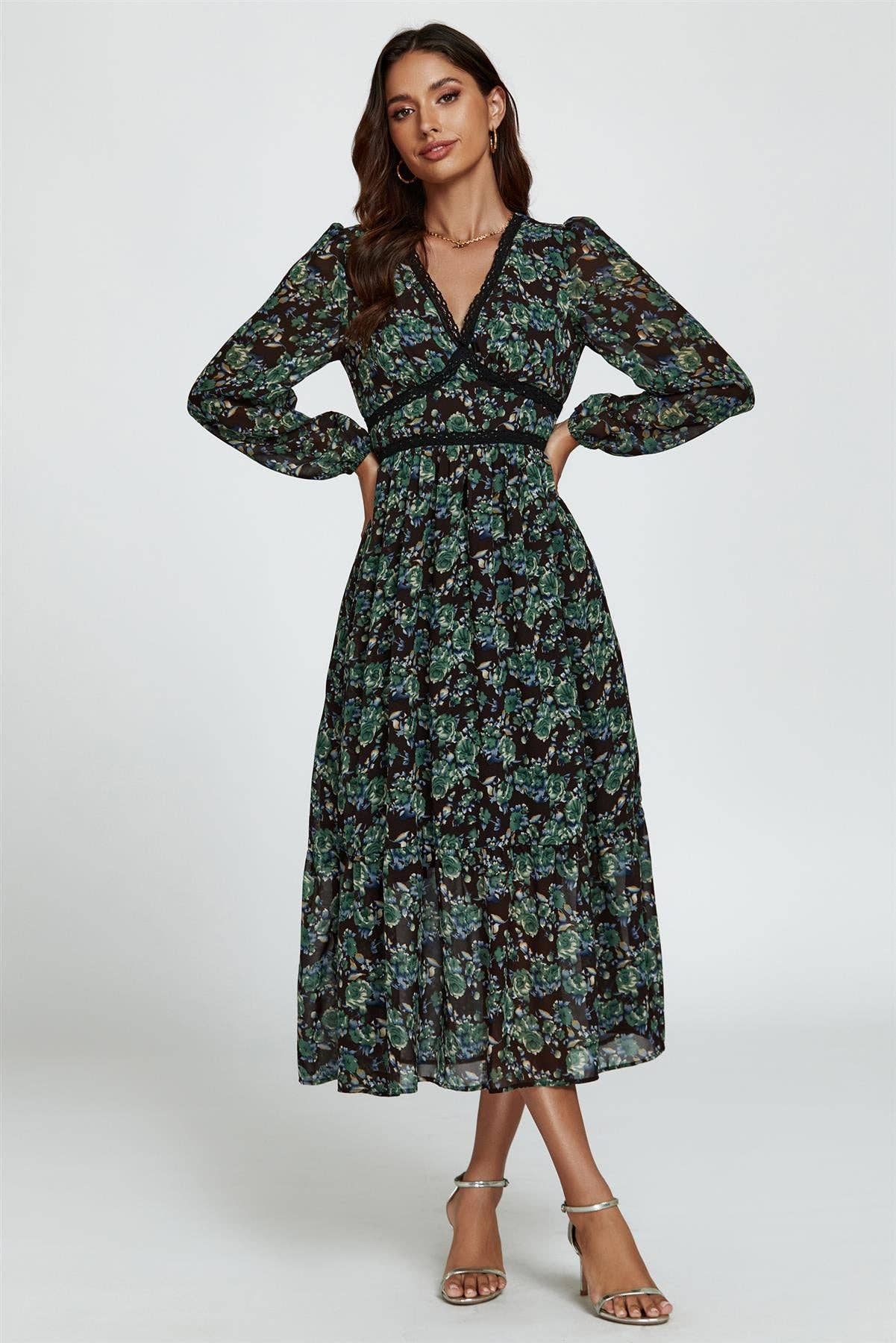 Floral Print Long Sleeve Midi Dress In Brown for wholesale on Faire1