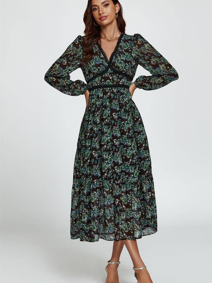 Floral Print Long Sleeve Midi Dress In Brown for wholesale on Faire1