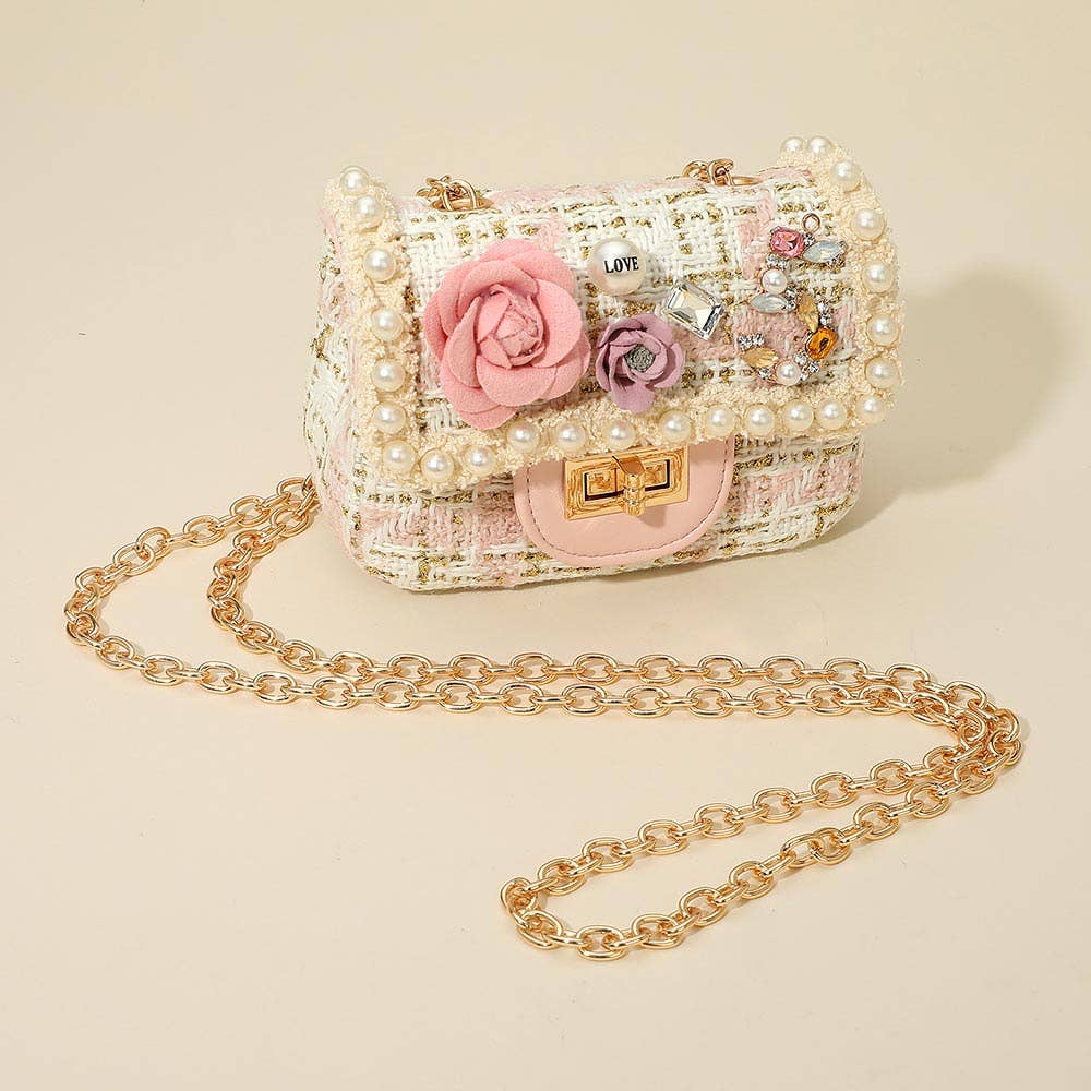 Sensibling Corp. - Wholesale Crossbody Bag - Women's - Floral Pearl Stone Cluster Embellished Tweed Mini Handbag / Crossbody Bag2