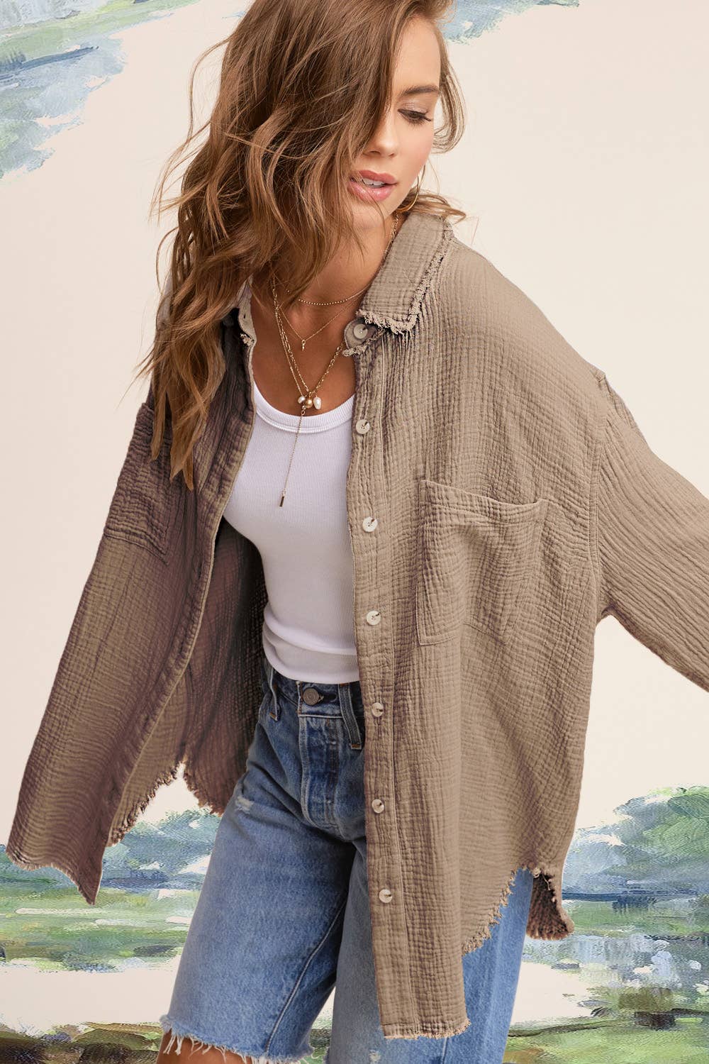 La Miel - Wholesale Button Down Shirt - Women's - SRT7448-Soft Washed Crinkled Gauze Button Down Shirts28