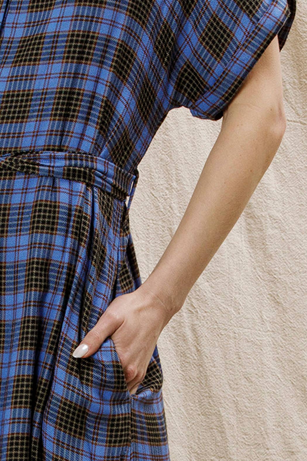 BLUE BLACK Plaid Button Down Belted Shirt Dress for wholesale on Faire6
