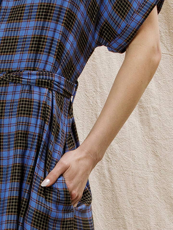 BLUE BLACK Plaid Button Down Belted Shirt Dress for wholesale on Faire6